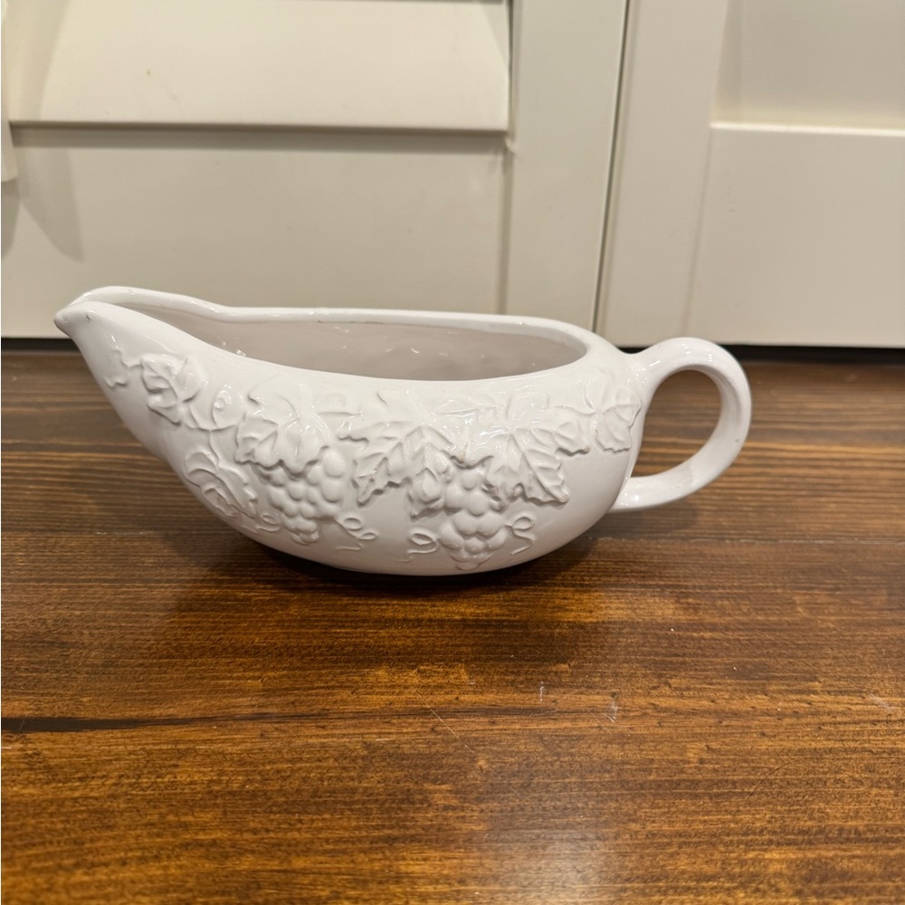 Vintage White Ceramic Gravy Boat with Embossed Grape and Vine Motif